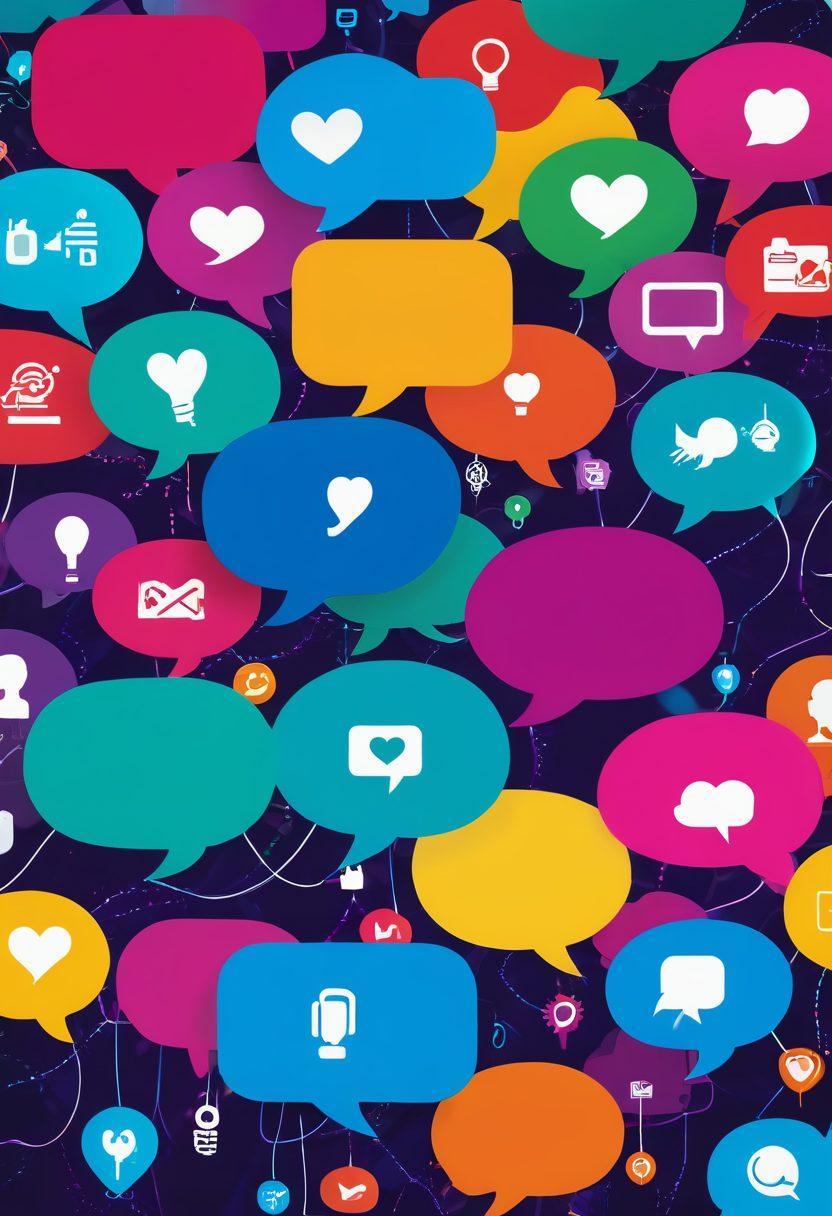 A vibrant online community illustrated as a diverse group of individuals engaging on various devices, surrounded by speech bubbles filled with ideas and support. The background features a digital landscape with social media icons and a welcoming atmosphere. Include symbolic elements like connected hearts and lightbulbs to represent collaboration and inspiration. super-realistic. vibrant colors. dynamic composition.