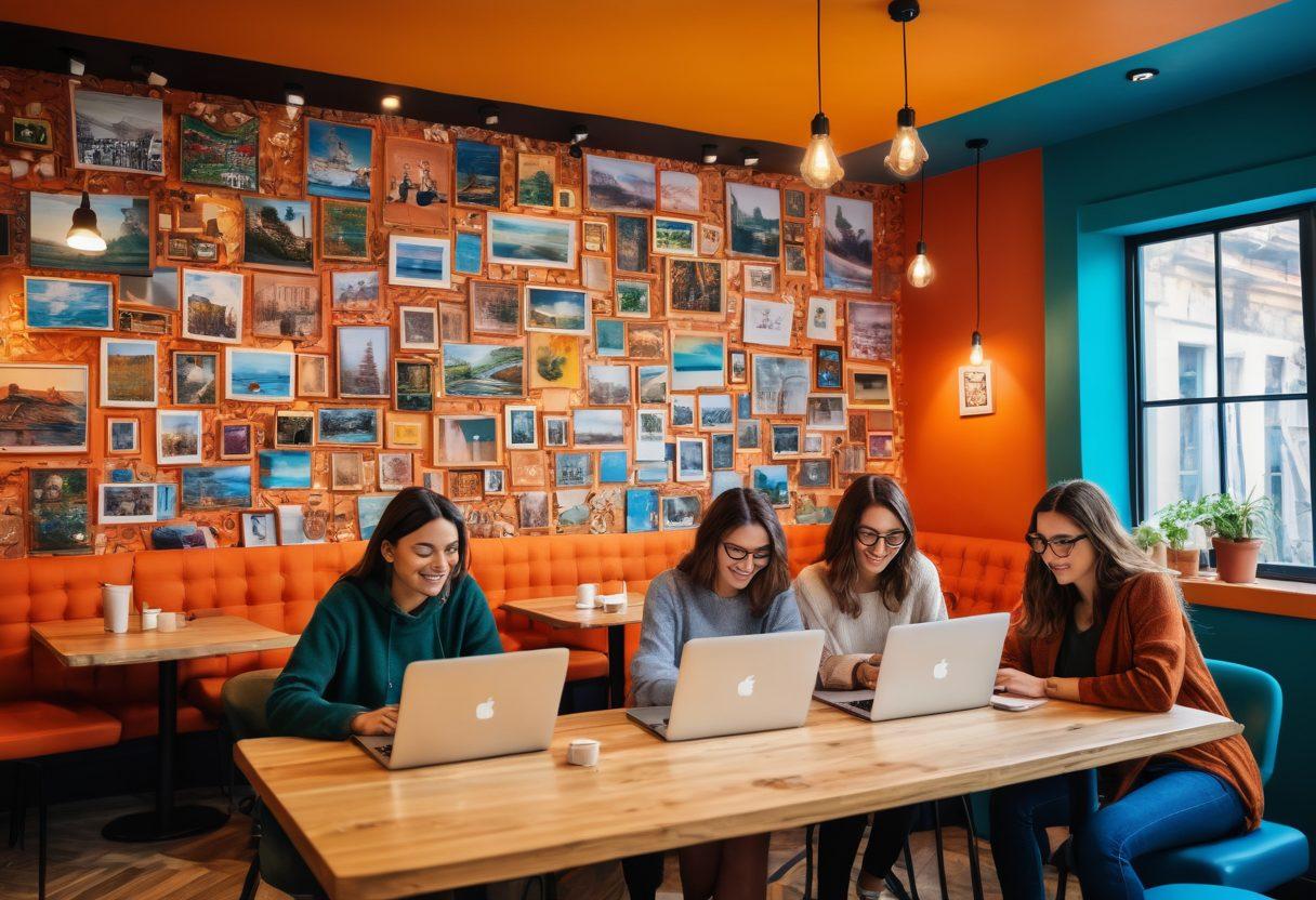 A vibrant and dynamic scene depicting a diverse group of bloggers at laptops in a cozy café, sharing stories and ideas. The background features colorful murals representing various blog themes, like travel, food, and personal growth. Each blogger reflects unique styles and expressions of creativity, with elements of digital storytelling floating around them, such as icons of social media, books, and photos. The overall atmosphere is warm and inviting, encouraging collaboration and innovation. super-realistic. vibrant colors. cozy environment.